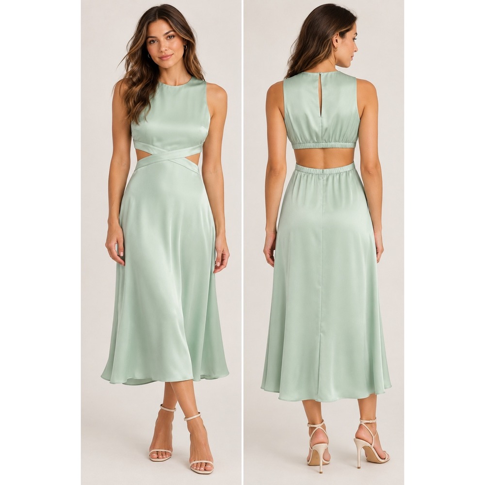 Aritzia Babaton Cella Satin Dress Mint Green Cutout Midi Size M Terrace Sage